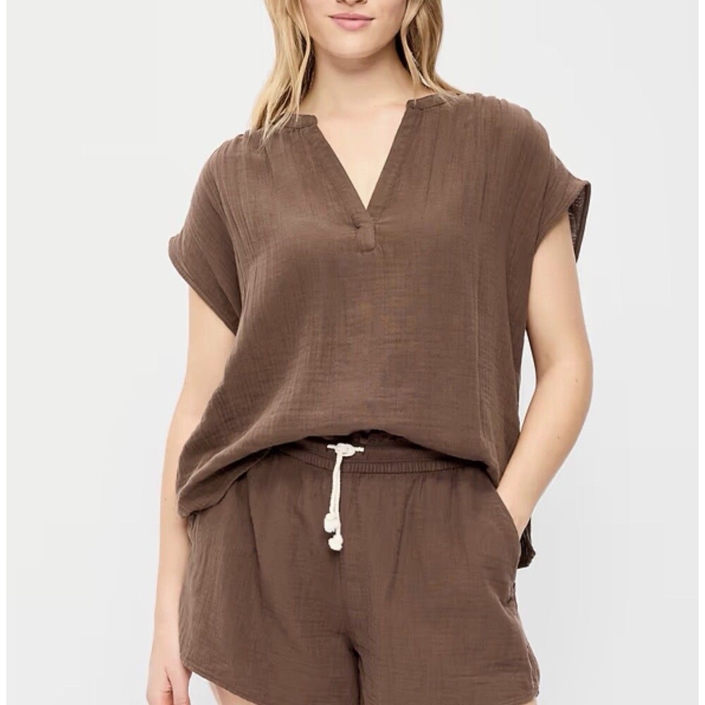 Old Navy Top Brown Short Sleeve Crinkle Gauze Vacay Casual Preppy Size XXL NWT